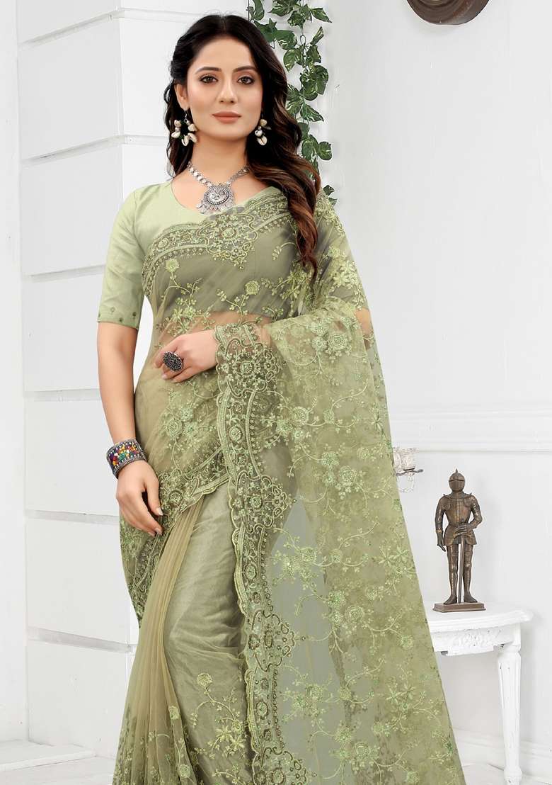 Green Net Saree Set with Embroidered for Diwali | Wedding & Festive Wear - Indya