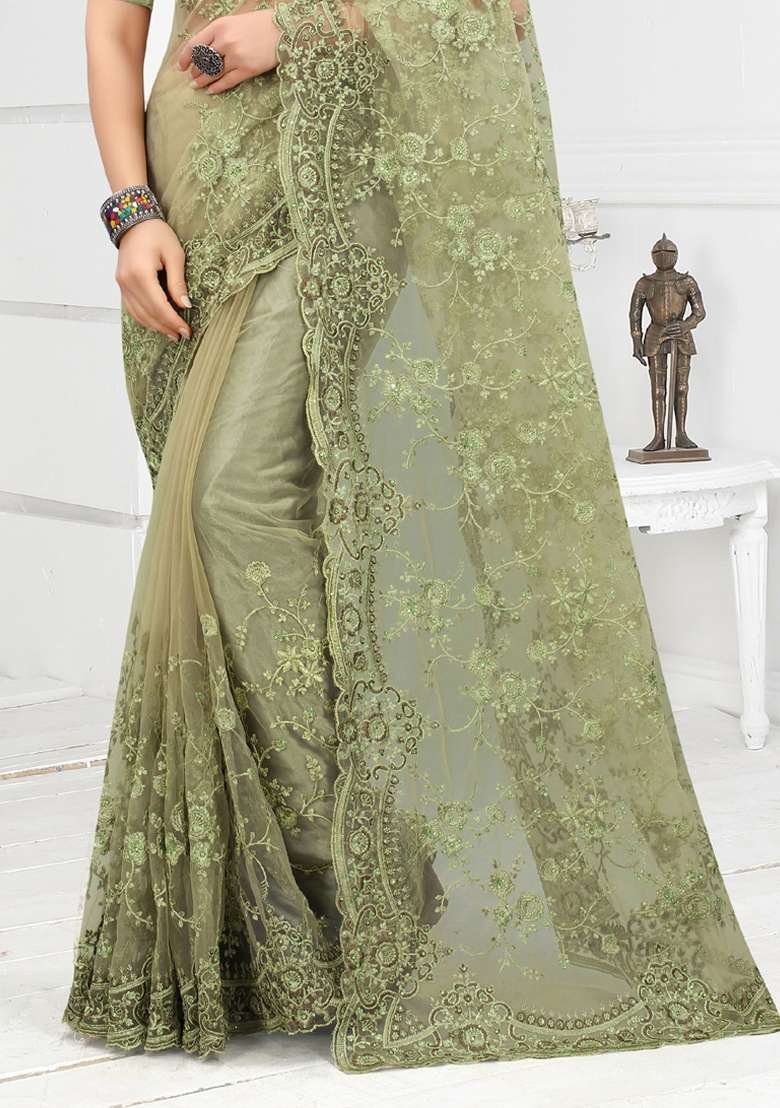 Green Net Saree Set with Embroidered for Diwali | Wedding & Festive Wear - Indya