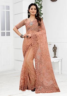 Peach Embroidered Net Saree Set