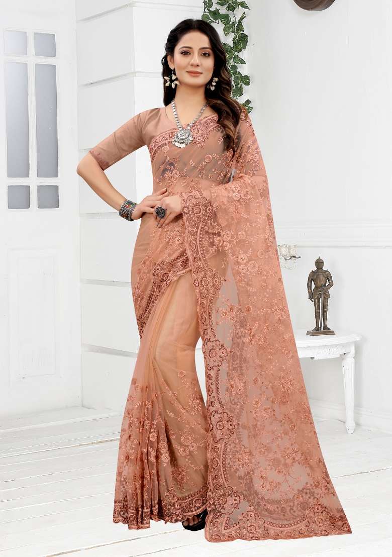 Peach Net Saree Set with Embroidered for Diwali | Wedding & Festive Wear - Indya