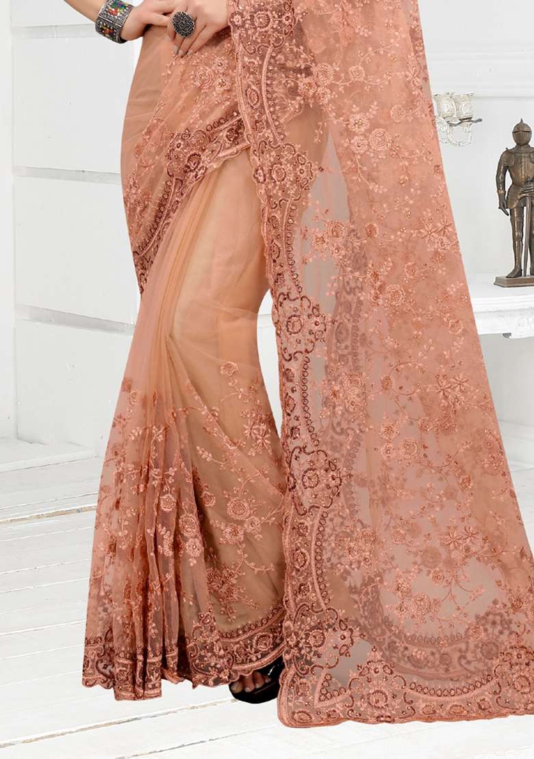 Peach Net Saree Set with Embroidered for Diwali | Wedding & Festive Wear - Indya