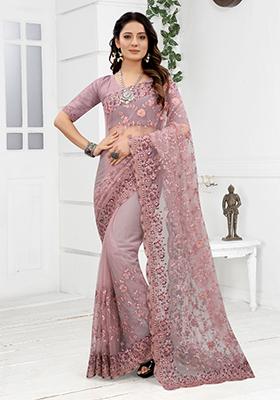 Lavender Embroidered Net Saree Set