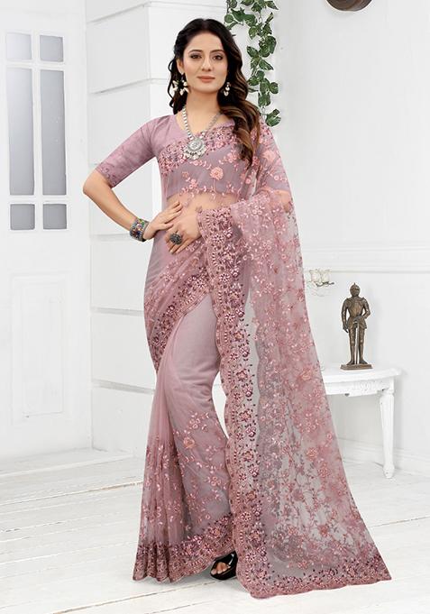 Lavender Embroidered Net Saree Set