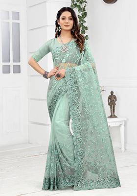 Sea Green Embroidered Net Saree Set