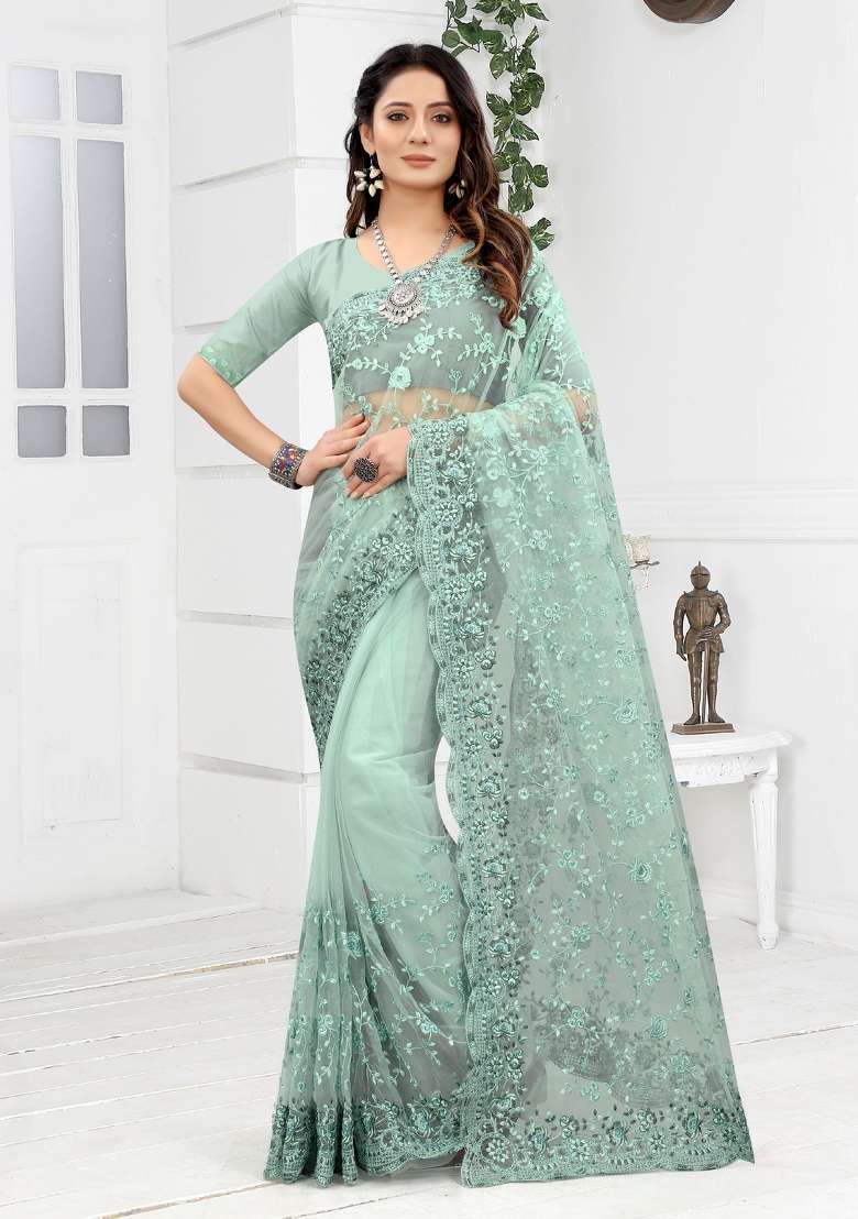 Sea Green Embroidered Net Saree Set for Diwali and Festive Wear - Indya