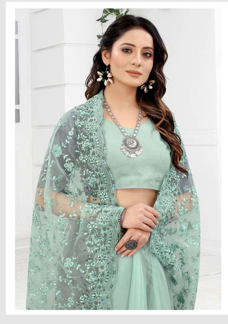 Sea Green Embroidered Net Saree Set for Diwali and Festive Wear - Indya