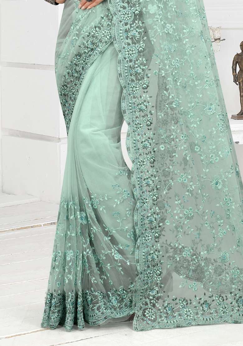 Sea Green Embroidered Net Saree Set for Diwali and Festive Wear - Indya
