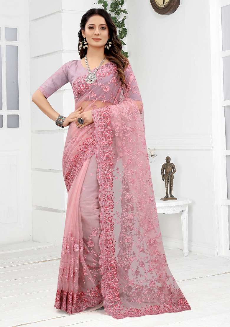 Pink Embroidered Net Saree Set for Diwali and Festive Wear - Indya