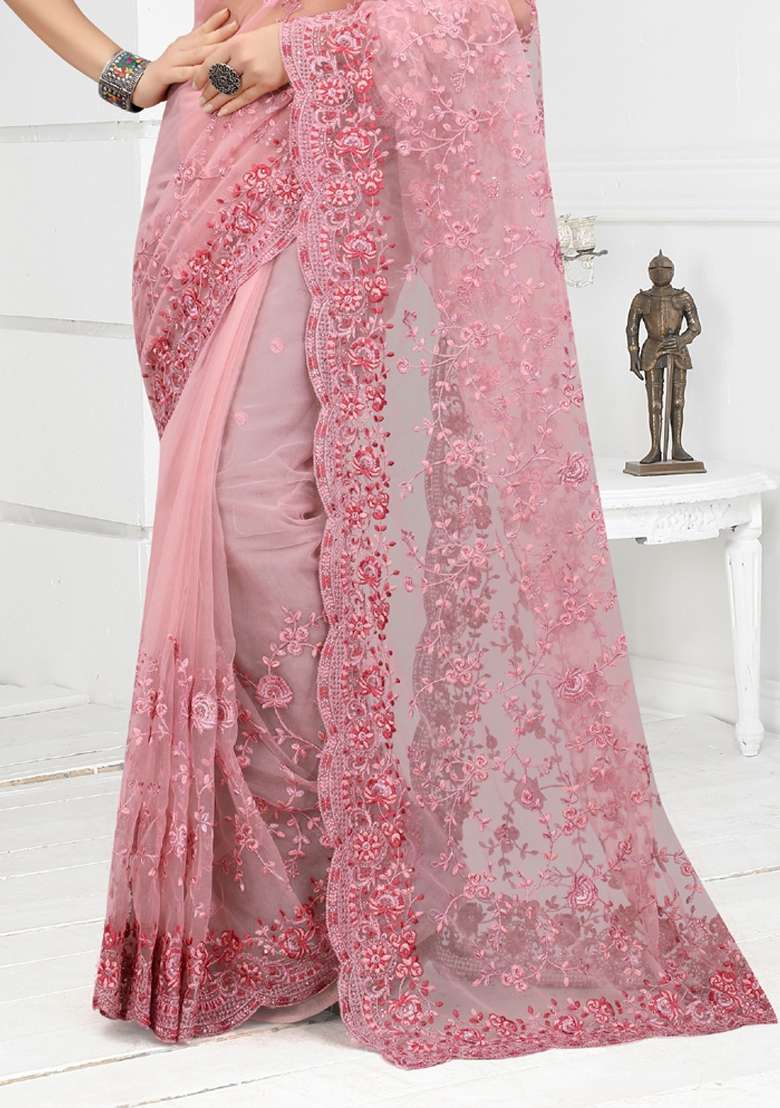 Pink Embroidered Net Saree Set for Diwali and Festive Wear - Indya