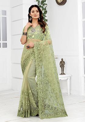 Green Embroidered Net Saree Set