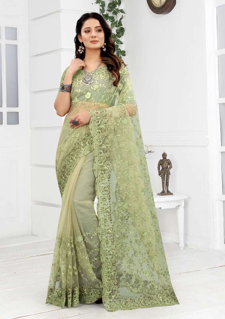 Green Net Saree Set with Embroidered for Diwali | Wedding & Festive Wear - Indya