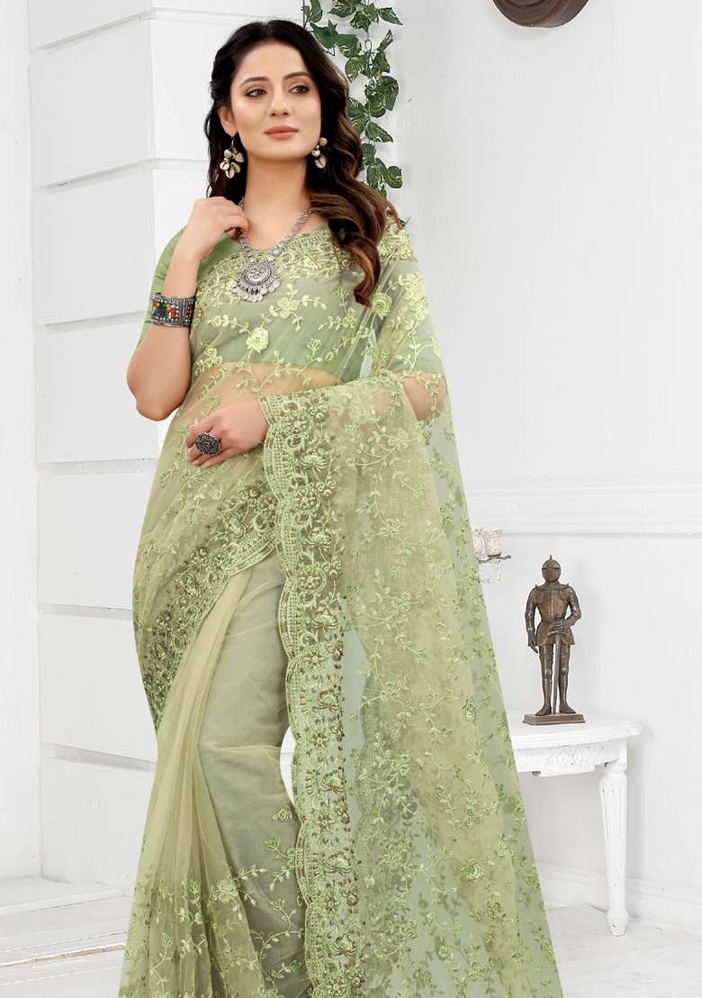 Green Net Saree Set with Embroidered for Diwali | Wedding & Festive Wear - Indya
