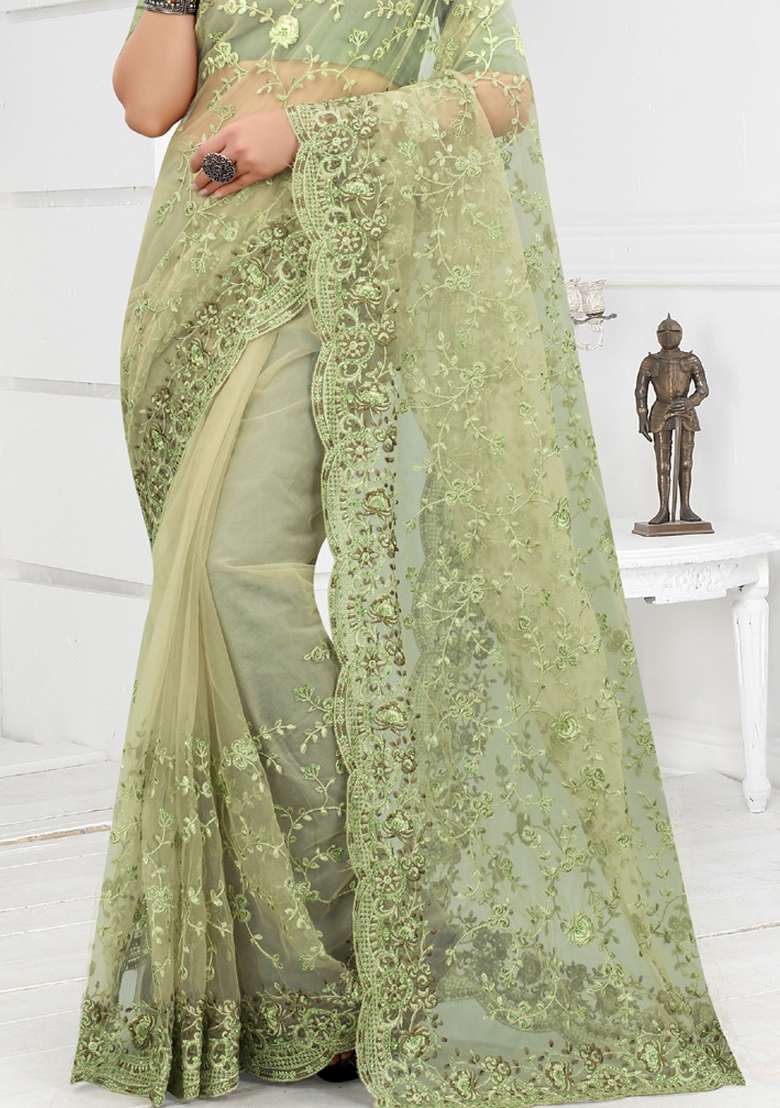 Green Net Saree Set with Embroidered for Diwali | Wedding & Festive Wear - Indya