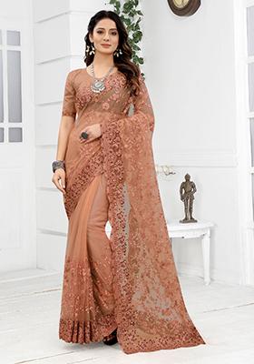 Peach Embroidered Net Saree Set