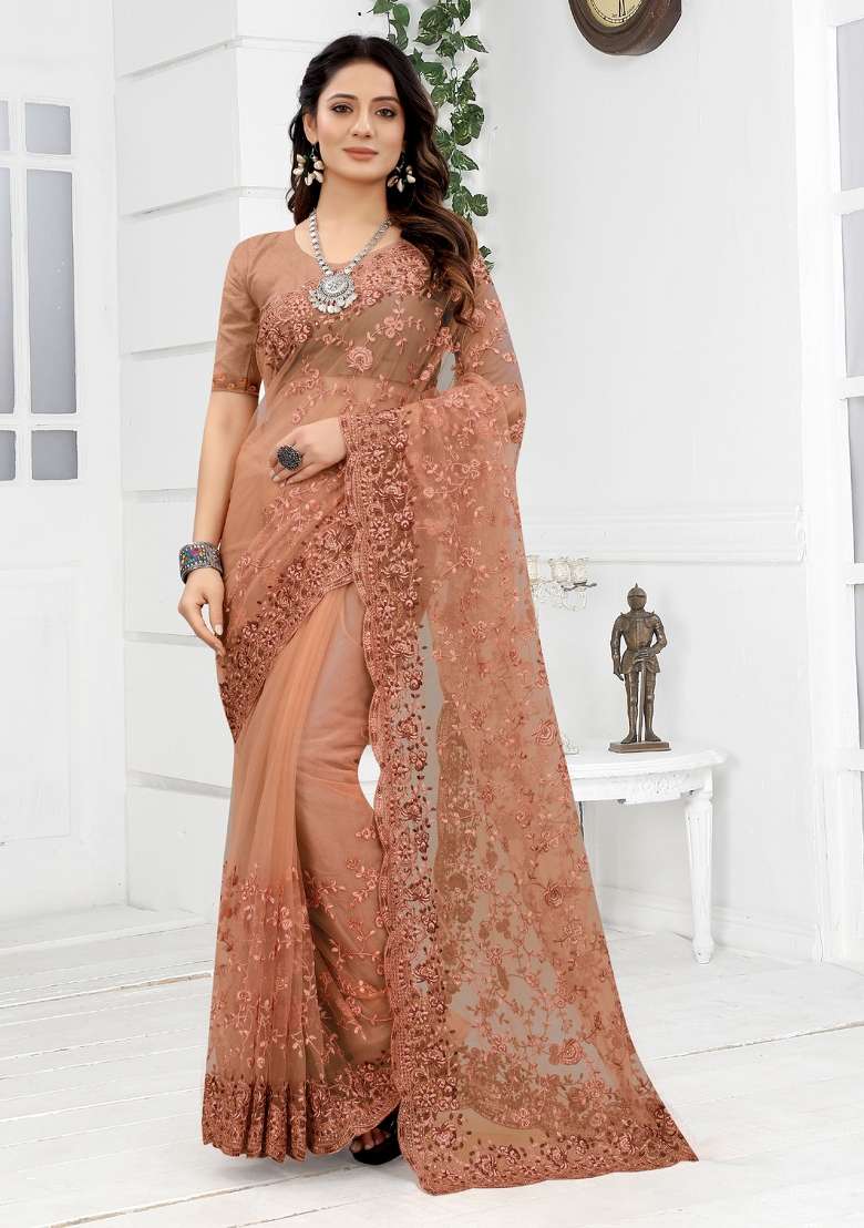 Peach Net Saree Set with Embroidered for Diwali | Wedding & Festive Wear - Indya