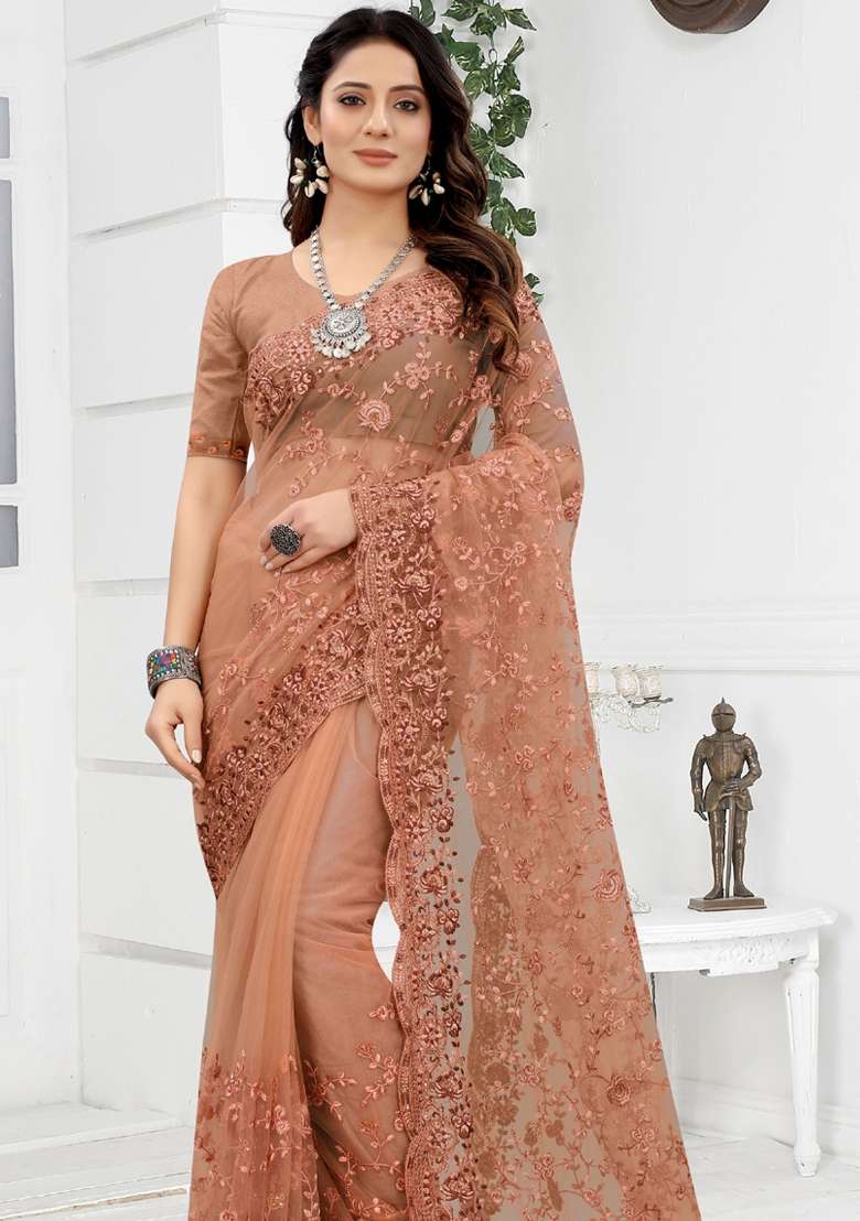 Peach Net Saree Set with Embroidered for Diwali | Wedding & Festive Wear - Indya