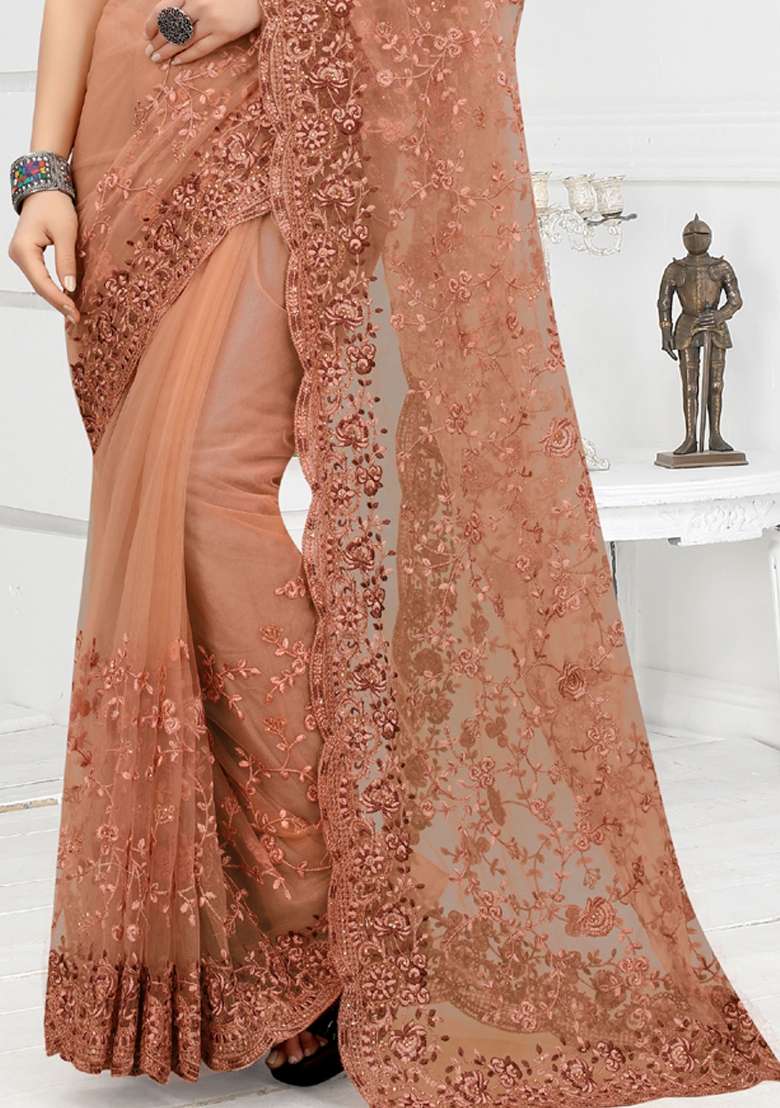 Peach Net Saree Set with Embroidered for Diwali | Wedding & Festive Wear - Indya