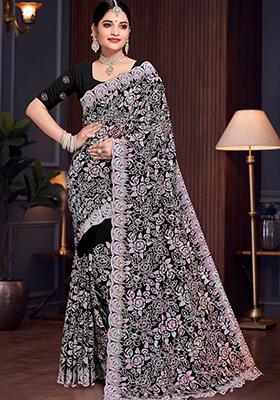 Black Sequin Work Georgette Saree Set