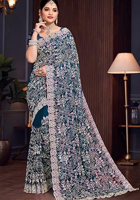 Teal Blue Sequin Work Georgette Saree Set