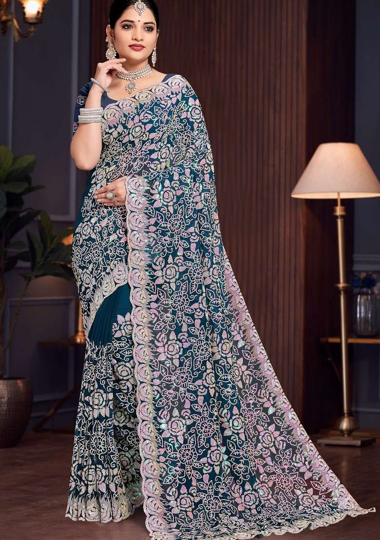 Teal Blue Sequin Work Georgette Saree Set for Diwali and Festive Wear - Indya