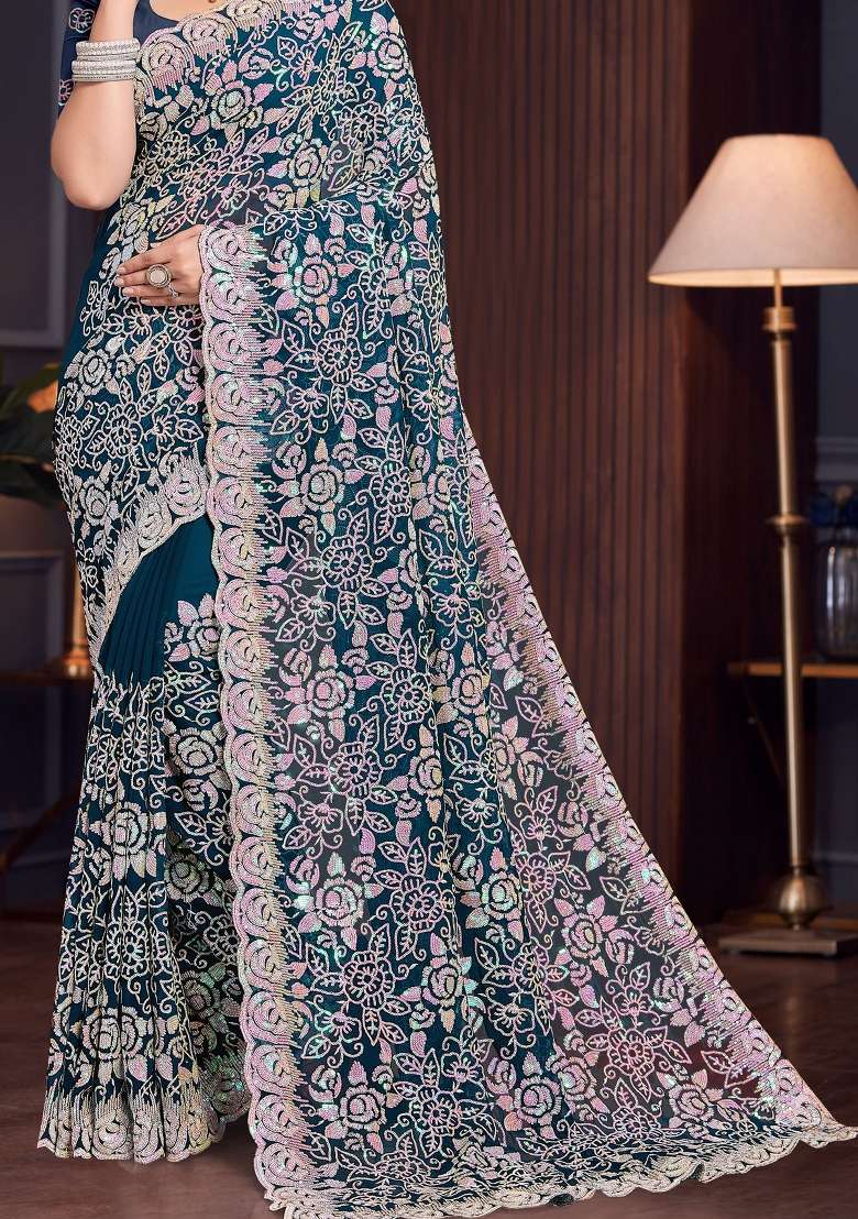 Teal Blue Sequin Work Georgette Saree Set for Diwali and Festive Wear - Indya