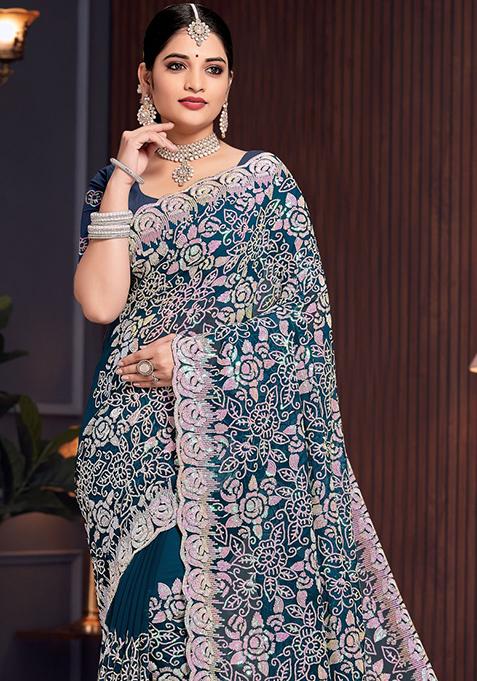 Teal And Cream Ombre Sequin Velvet Saree