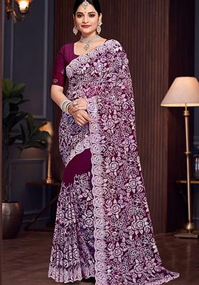 Wine Sequin Work Georgette Saree Set
