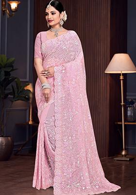 Pink Sequin Work Georgette Saree Set
