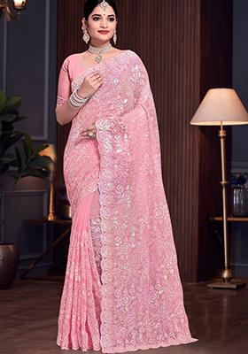 Pink Sequin Work Georgette Saree Set