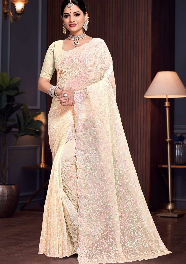 Yellow Sequin Work Georgette Saree Set for Diwali and Festive Wear - Indya