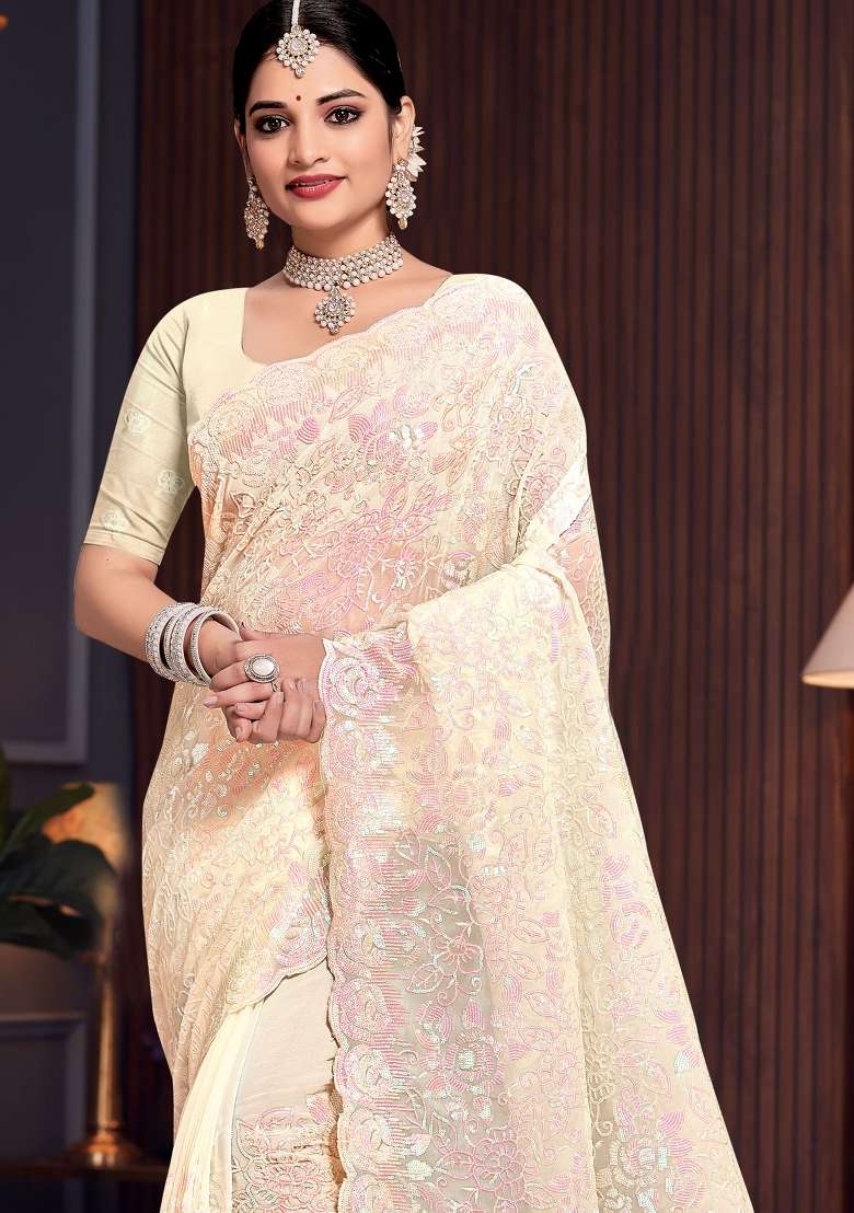 Yellow Sequin Work Georgette Saree Set for Diwali and Festive Wear - Indya