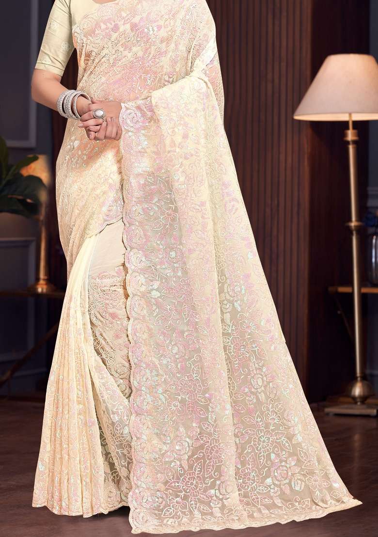 Yellow Sequin Work Georgette Saree Set for Diwali and Festive Wear - Indya