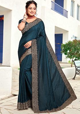 Teal Blue Stone Work Art Silk Saree Set