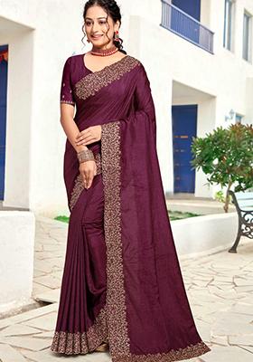 Wine Stone Work Art Silk Saree Set