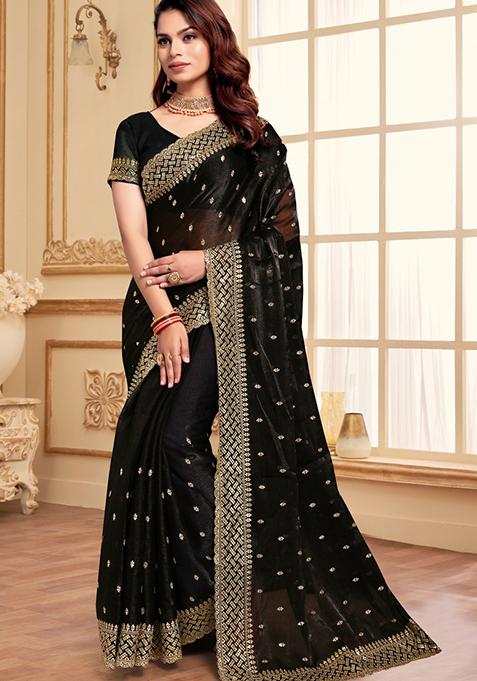Black Sequin Work Art Silk Saree Set