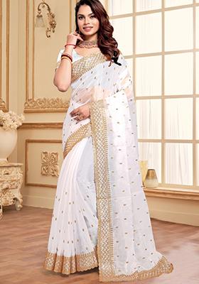 White Sequin Work Art Silk Saree Set