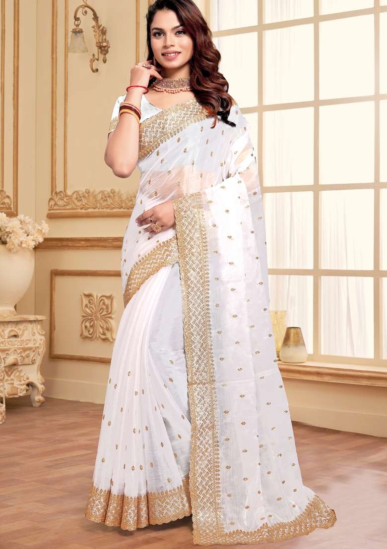 White Work Blend Art Silk Saree Set with Sequin for Diwali | Wedding & Festive Wear - Indya