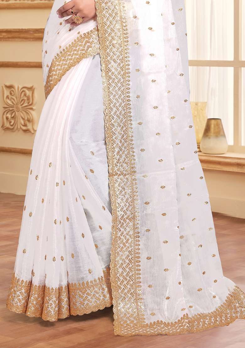 White Work Blend Art Silk Saree Set with Sequin for Diwali | Wedding & Festive Wear - Indya
