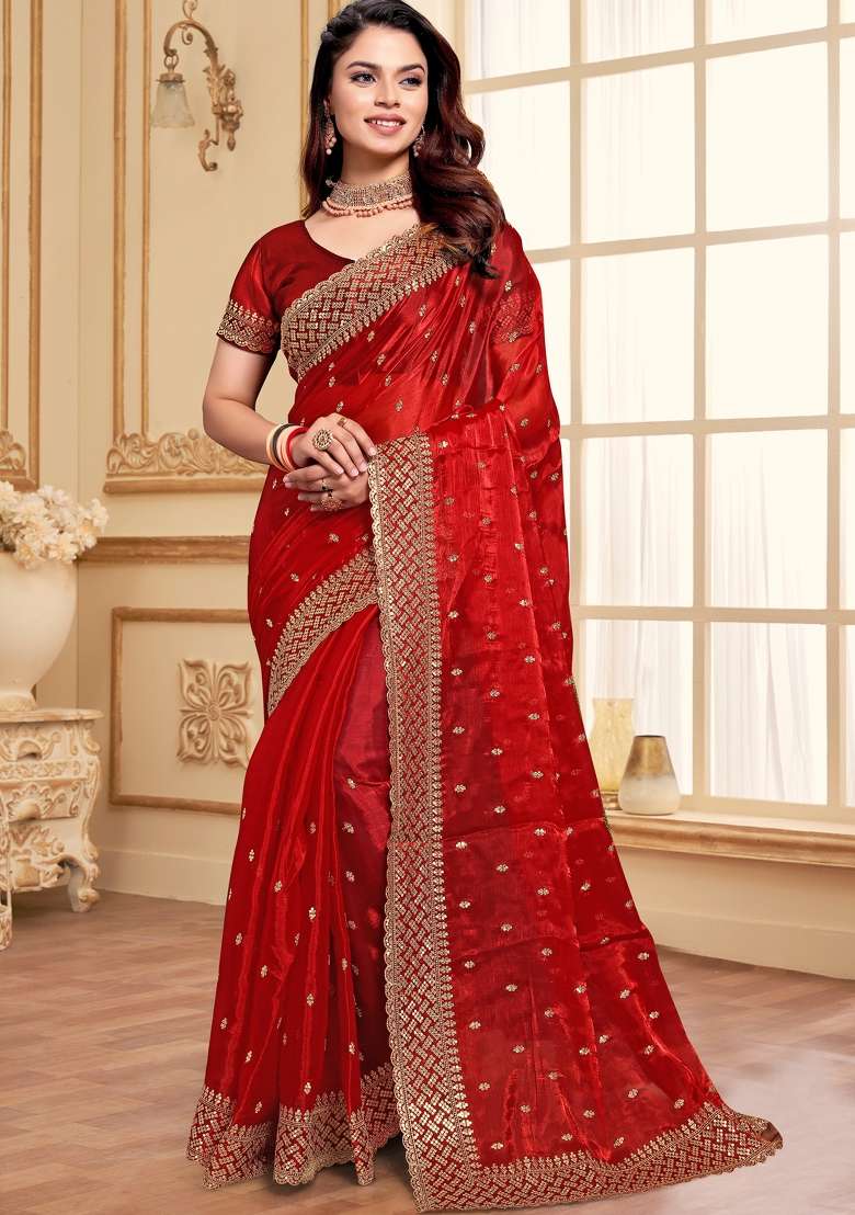 Red Sequin Work Art Silk Blend Saree Set - Indya