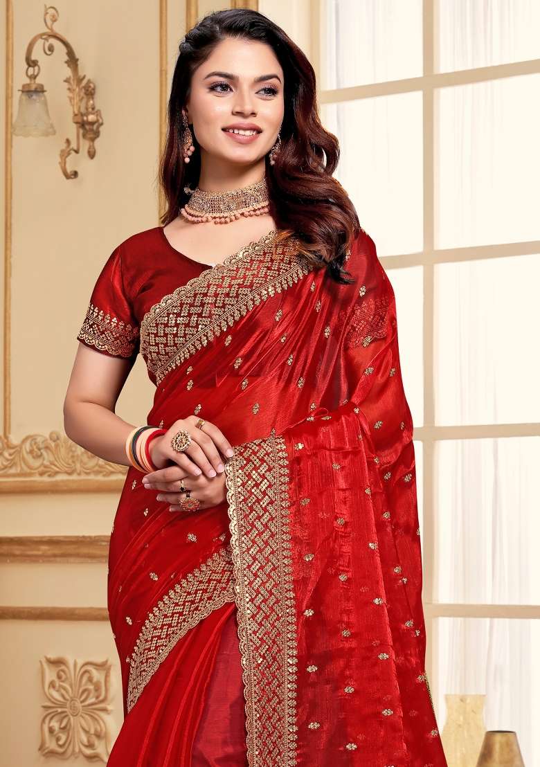 Red Sequin Work Art Silk Blend Saree Set - Indya