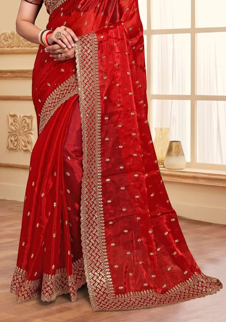 Red Sequin Work Art Silk Blend Saree Set - Indya