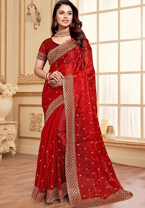 Red Sequin Work Art Silk Saree Set