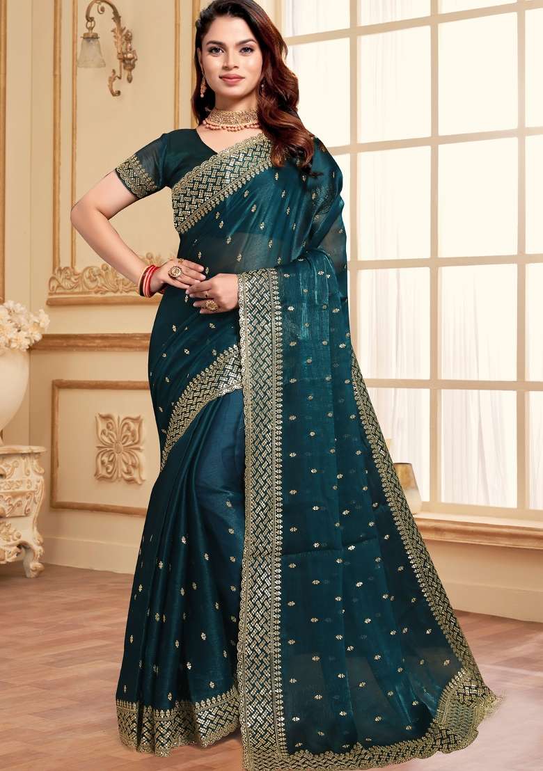 Teal Blue Sequin Work Art Silk Blend Saree Set for Diwali and Festive Wear - Indya