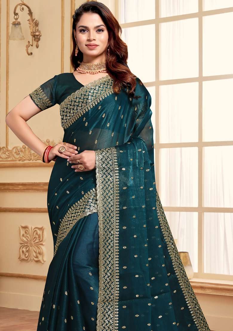 Teal Blue Sequin Work Art Silk Blend Saree Set for Diwali and Festive Wear - Indya