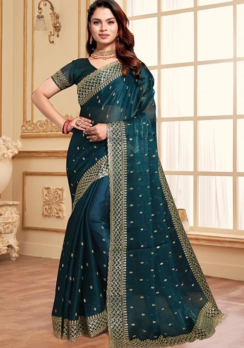 Teal Blue Sequin Work Art Silk Saree Set