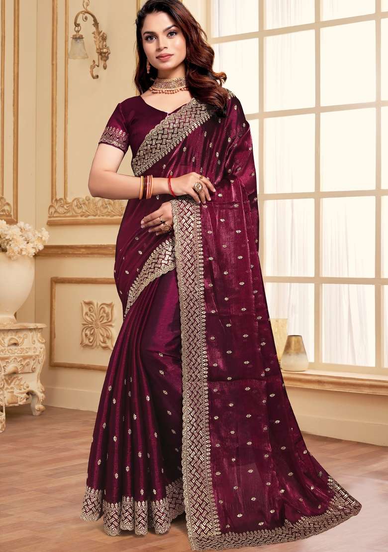 Wine Work Blend Art Silk Saree Set with Sequin for Diwali | Wedding & Festive Wear - Indya