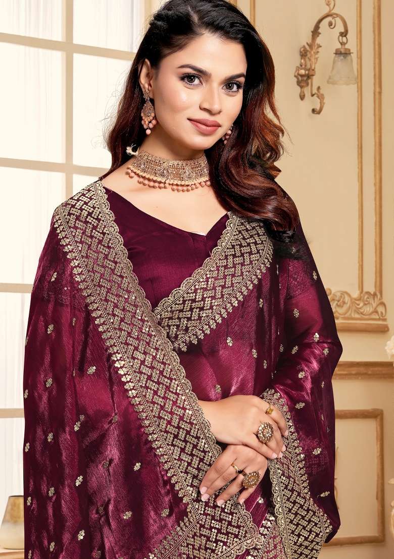 Wine Work Blend Art Silk Saree Set with Sequin for Diwali | Wedding & Festive Wear - Indya