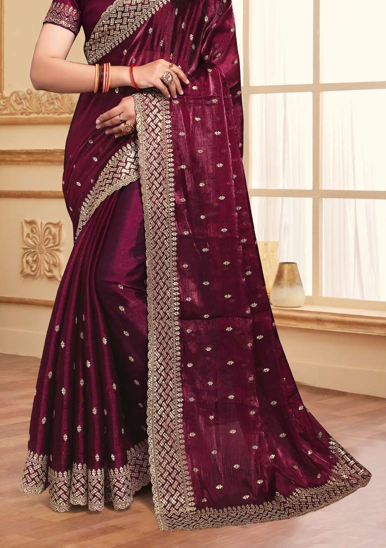 Wine Work Blend Art Silk Saree Set with Sequin for Diwali | Wedding & Festive Wear - Indya