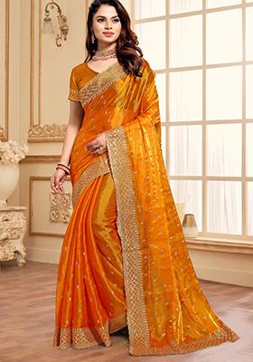 Mustard Yellow Sequin Work Art Silk Saree Set