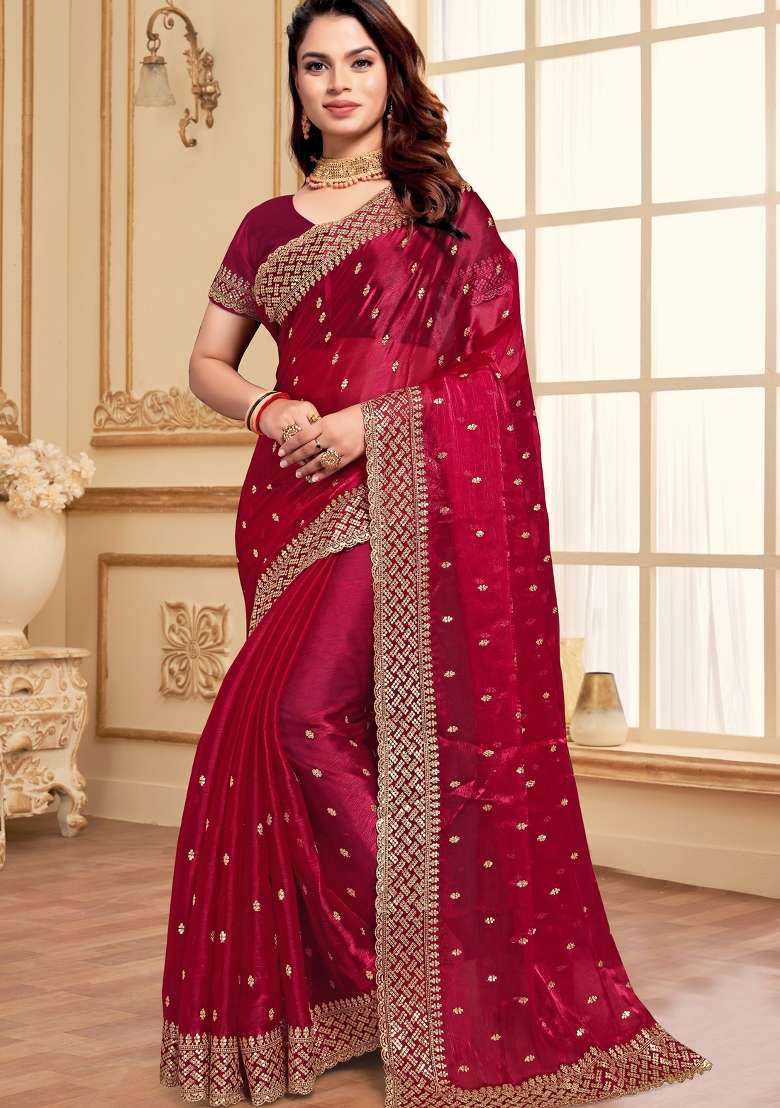 Magenta Sequin Work Art Silk Blend Saree Set for Diwali and Festive Wear - Indya